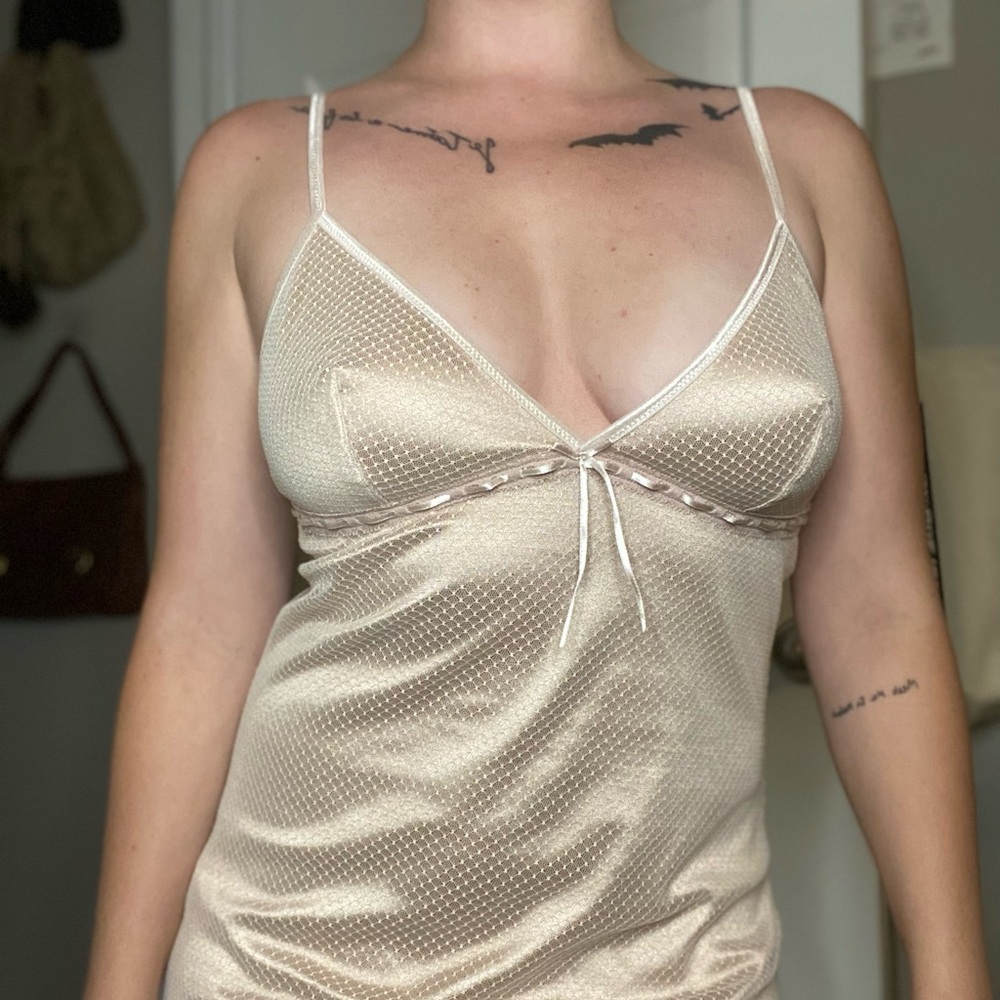 Luxury Designer Intimo Rose Gold Mesh Satin Asymmetrical Ribbon Lingerie Dress - Picture 4 of 14